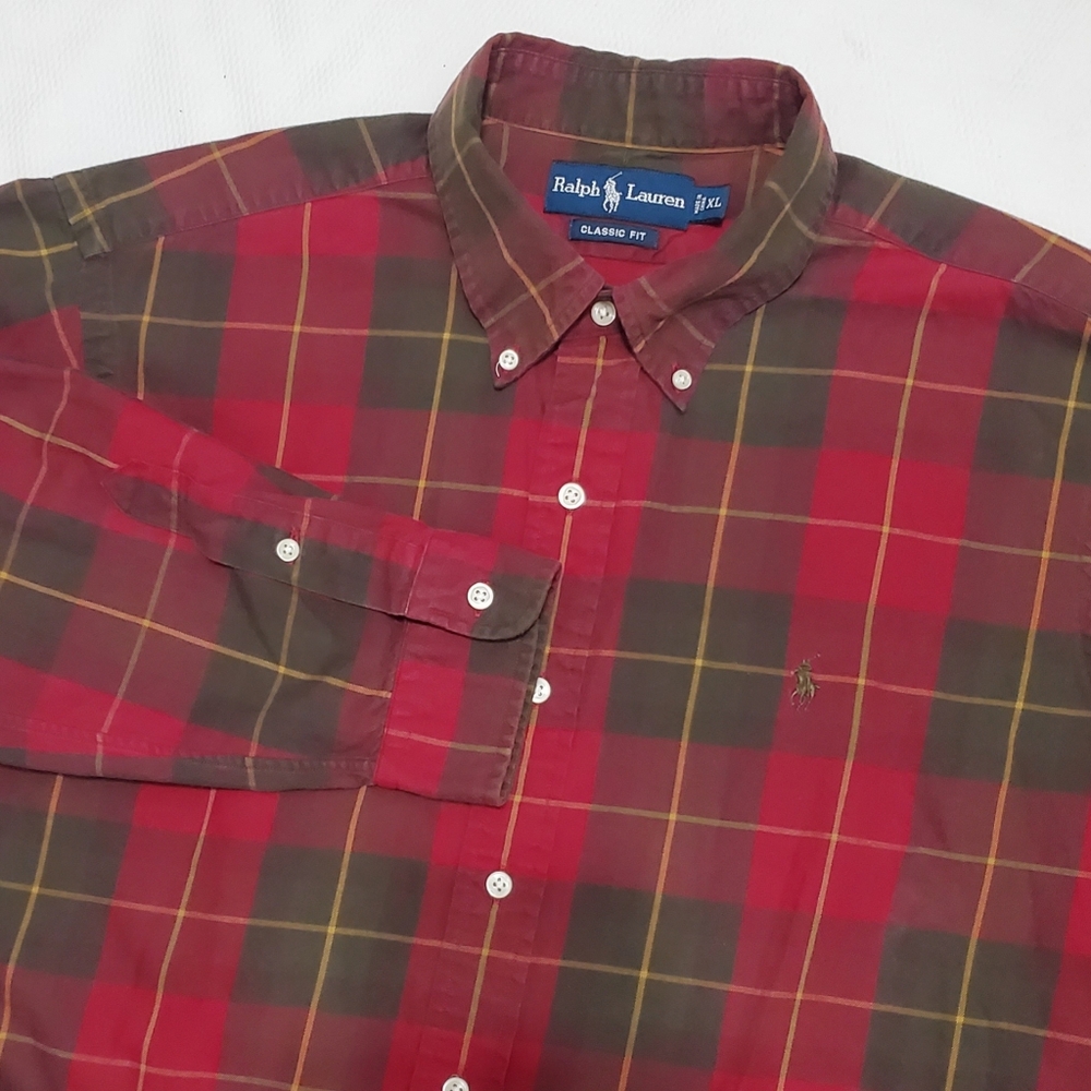 Ralph Lauren Mens Red Green Tartan  Plaid Long Sleeve Button Down Shirt XL